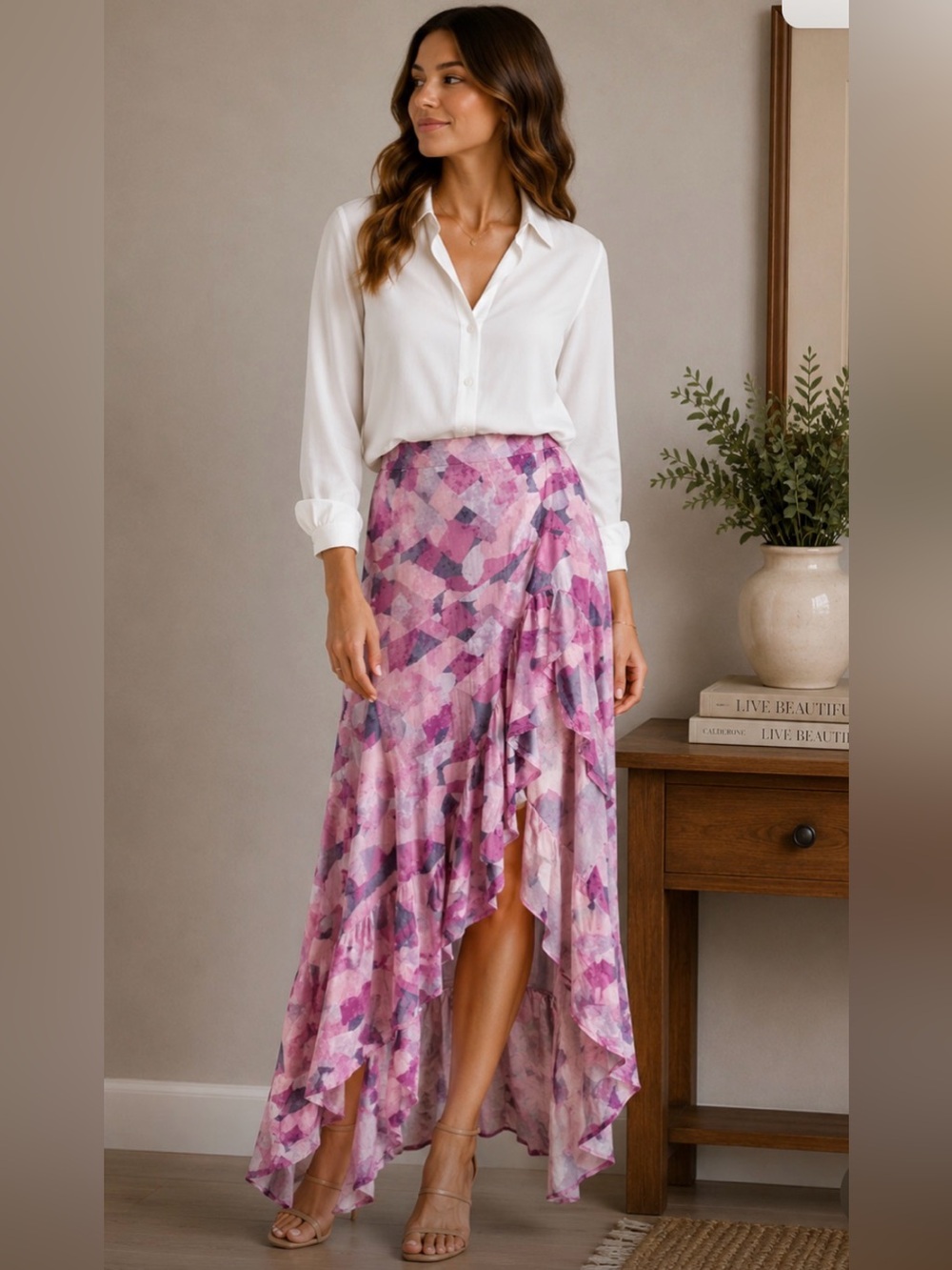 Women’s Pink Abstract Ruffle High-Low Skirt small